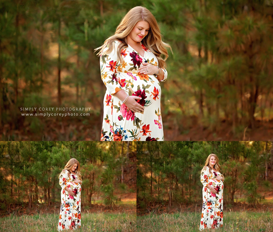 West Georgia maternity photographer, mom pregnant with twins in floral dress
