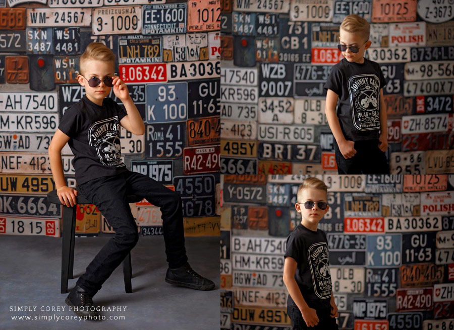 Atlanta studio photographer, tween boy in Johnny Cash shirt and sunglasses