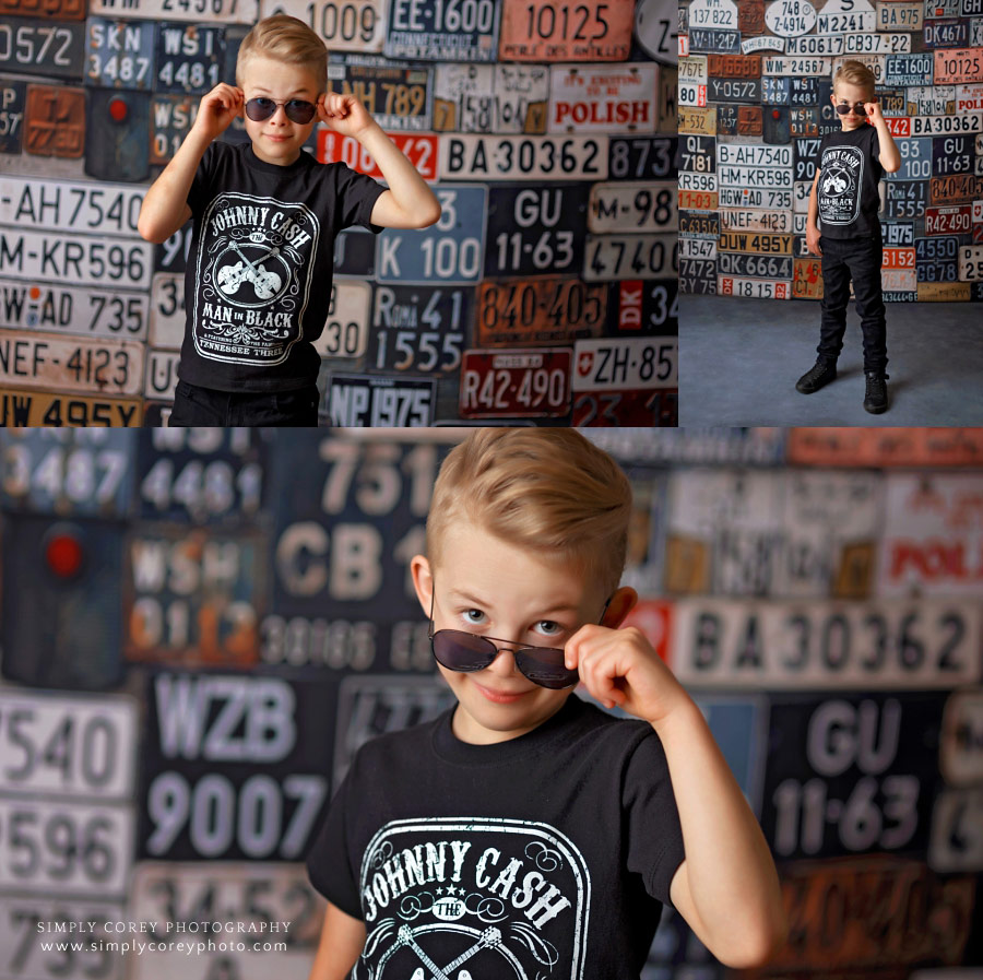 Newnan photographer, child in Johnny Cash shirt and sunglasses in studio