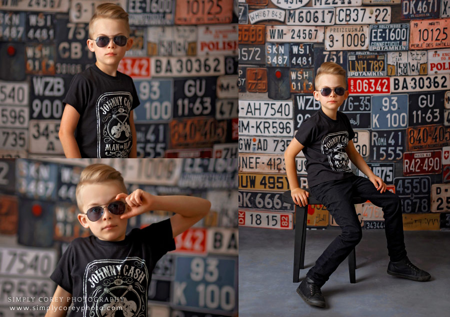 Villa Rica photographer, studio session with tween in Johnny Cash shirt and sunglasses