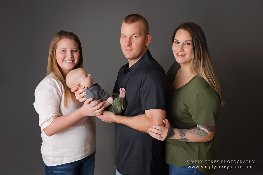 Douglasville family photographer, studio newborn session on grey