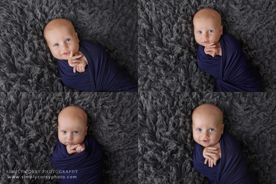 West Georgia newborn photographer, different expressions of baby boy in blue
