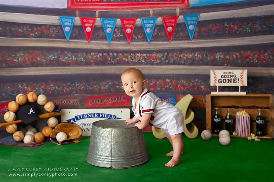 baby photographer near Bremen, studio milestone session with baseball field backdrop
