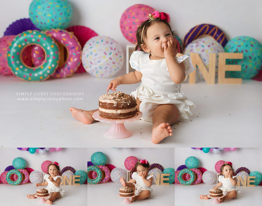 Atlanta baby photographer, colorful donut cake smash session