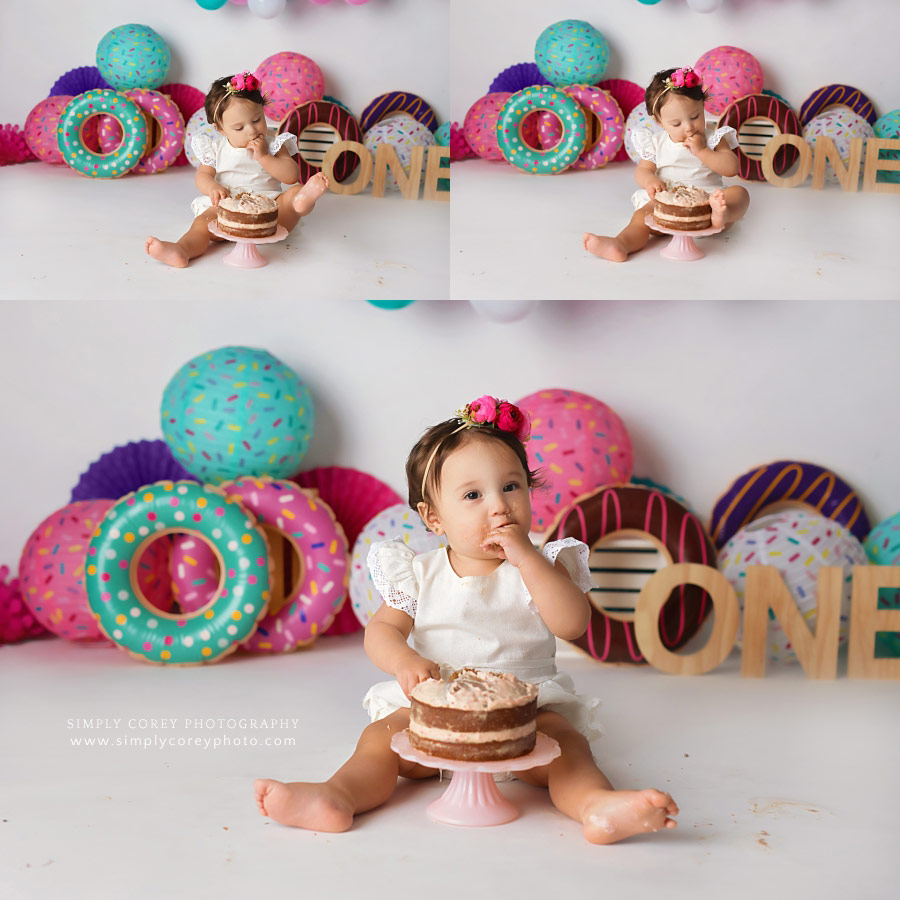 cake smash photographer near Carrollton, GA; donut grow up theme for girl
