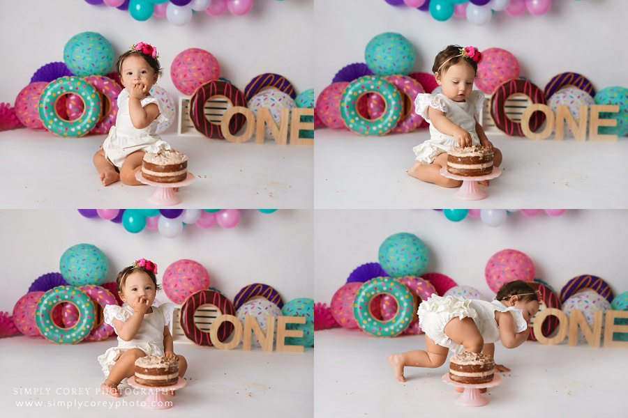cake smash photographer near Newnan, baby girl with colorful donut theme