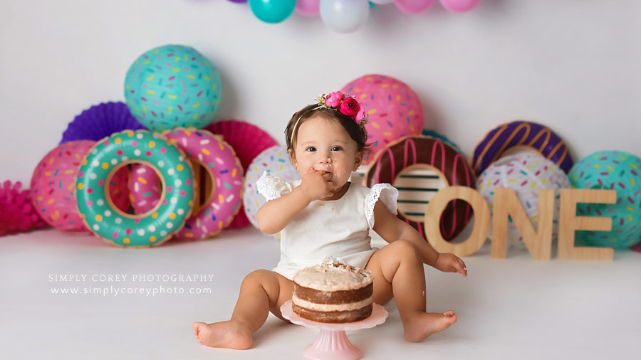 Carrollton cake smash photographer, baby with donut cake smash session