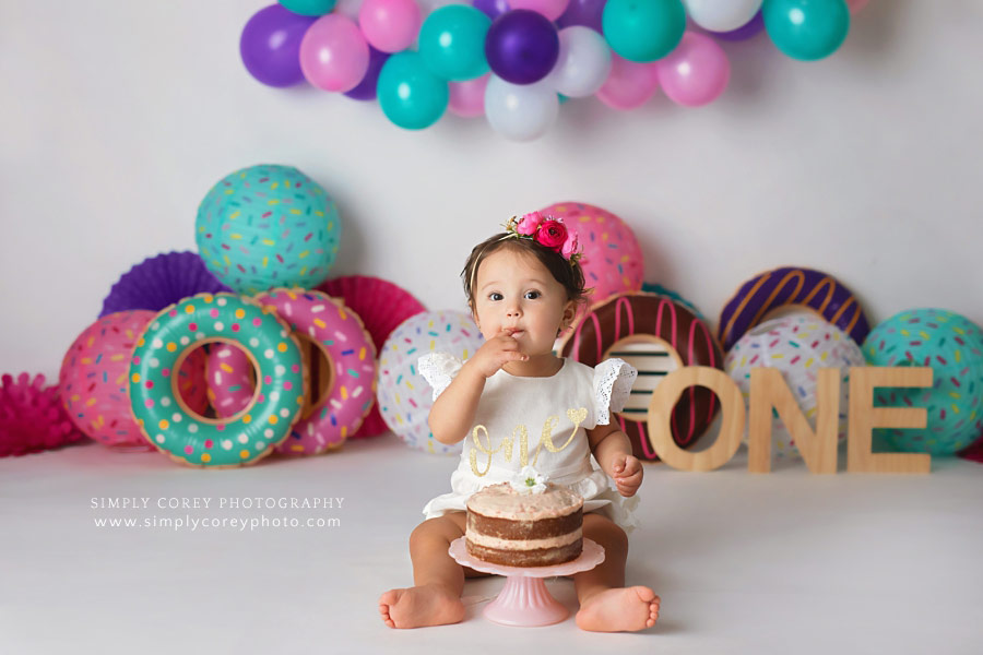 Douglasville cake smash photographer, baby girl with a donut themed session