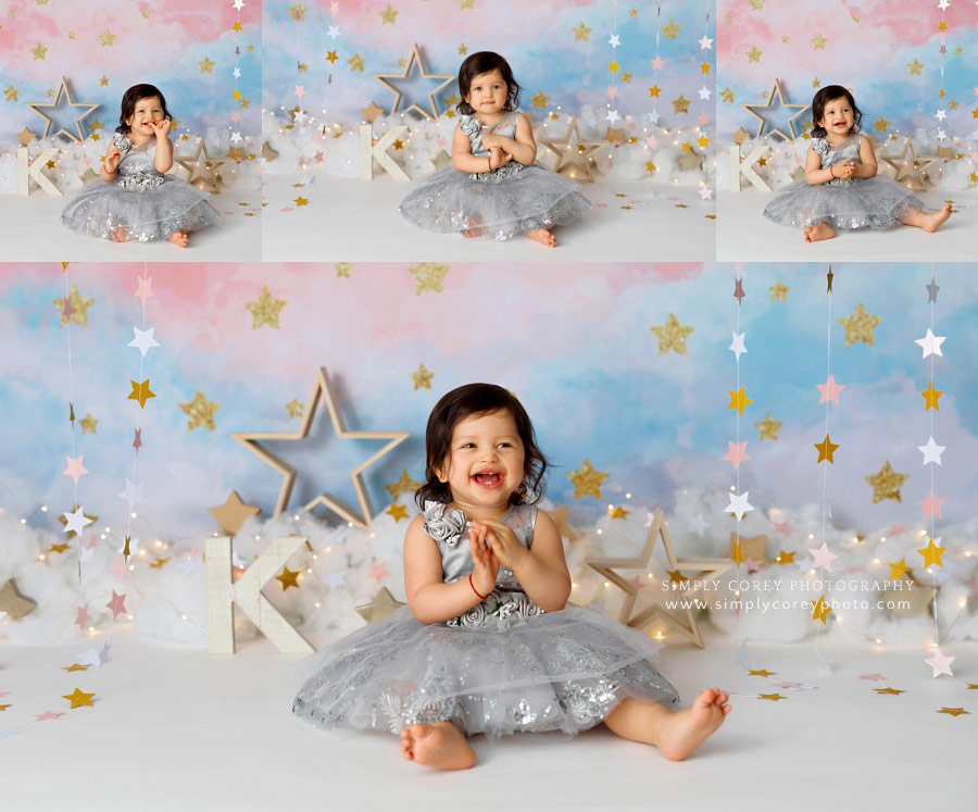 baby photographer near Douglasville, one year old laughing during milestone session