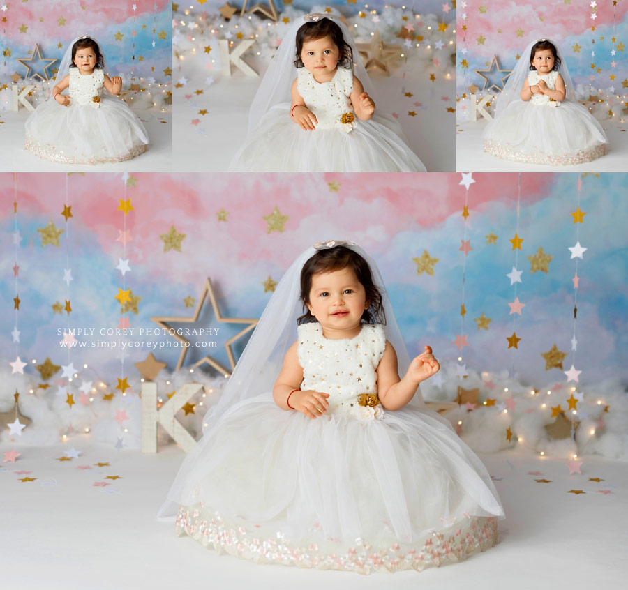 Villa Rica baby photographer, one year old in a star dress and veil