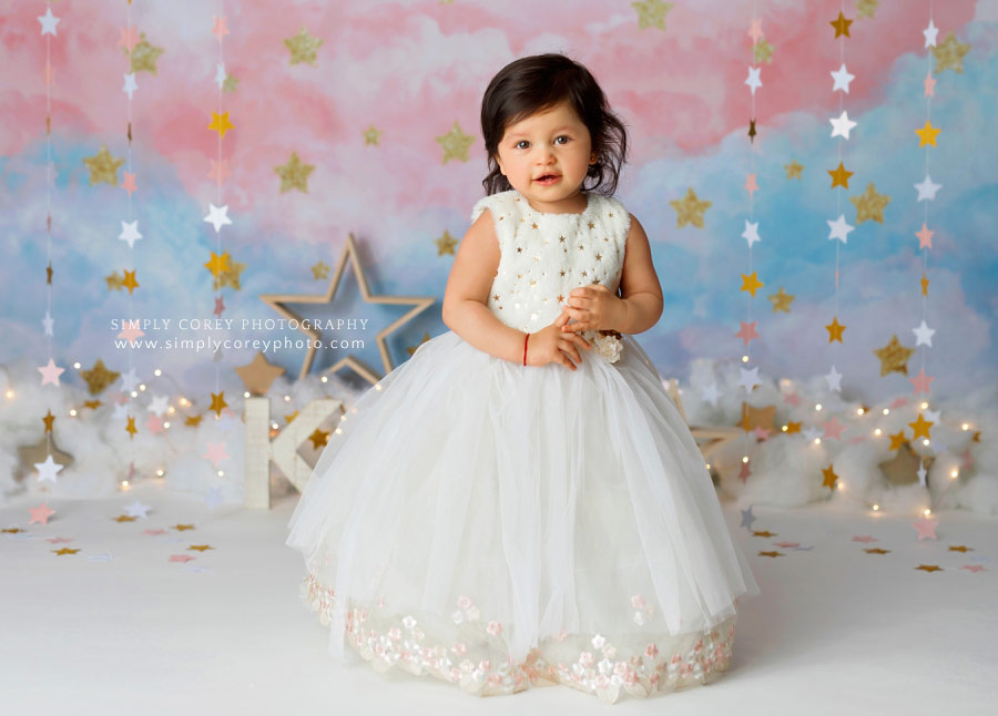 West Georgia baby photographer, toddler in long dress, star theme