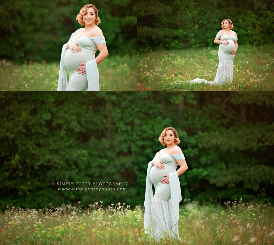 Atlanta maternity photographer, outdoor pregnancy portraits in green dress