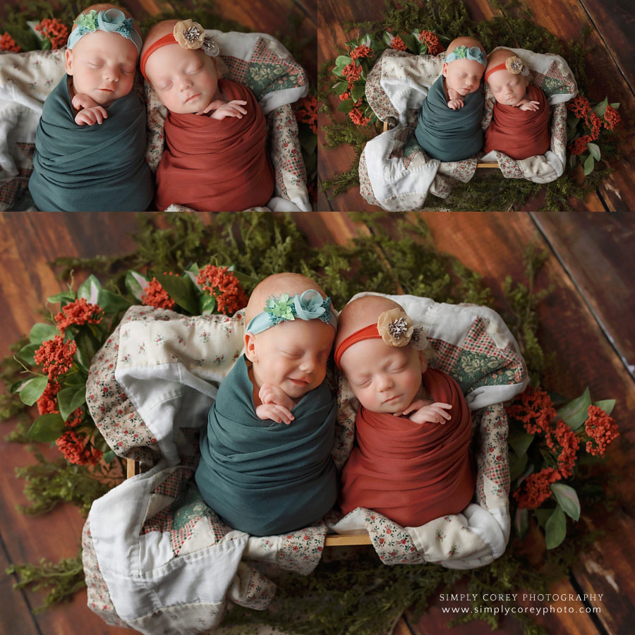 newborn photographer near Douglasville, twin baby girls in orange and teal wraps