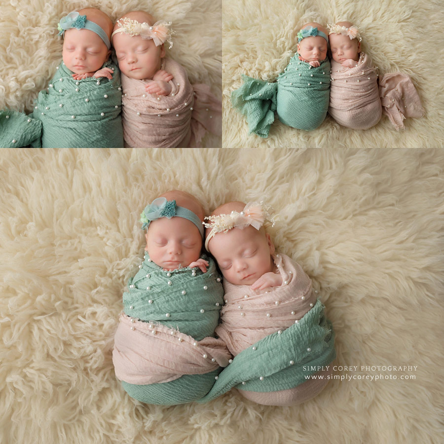 Newnan newborn photographer, twin baby girls in mint and pink wraps