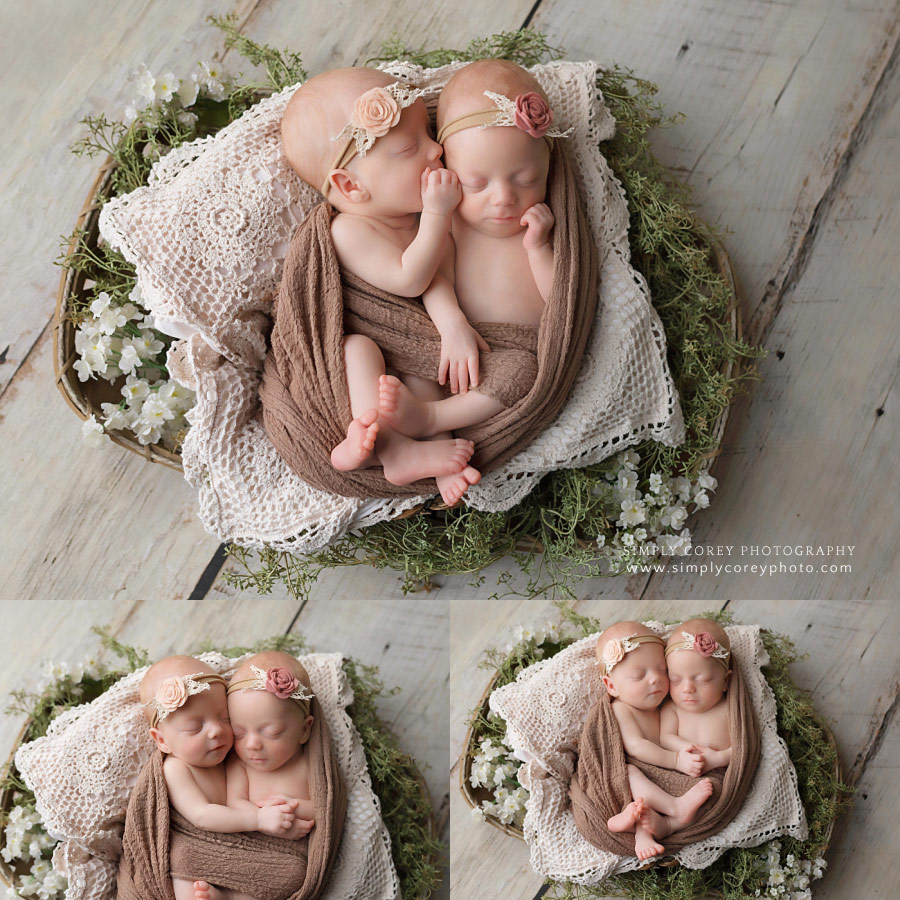 Peachtree City newborn photographer, twin girls cuddling in a basket