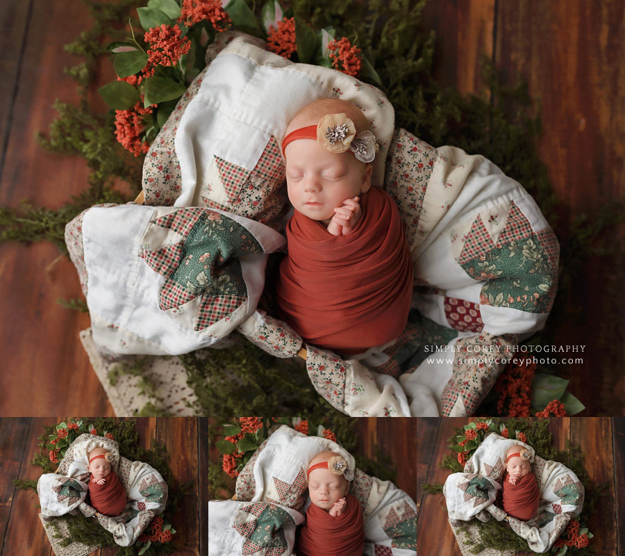 Villa Rica newborn photographer, baby girl on a quilt with flowers