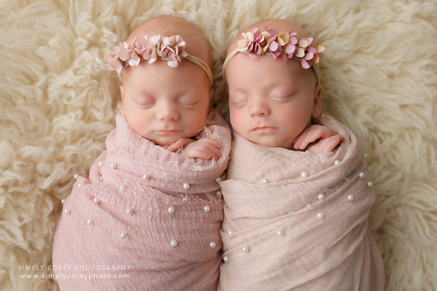 West Georgia newborn photographer, baby girl twins in pink pearl wraps