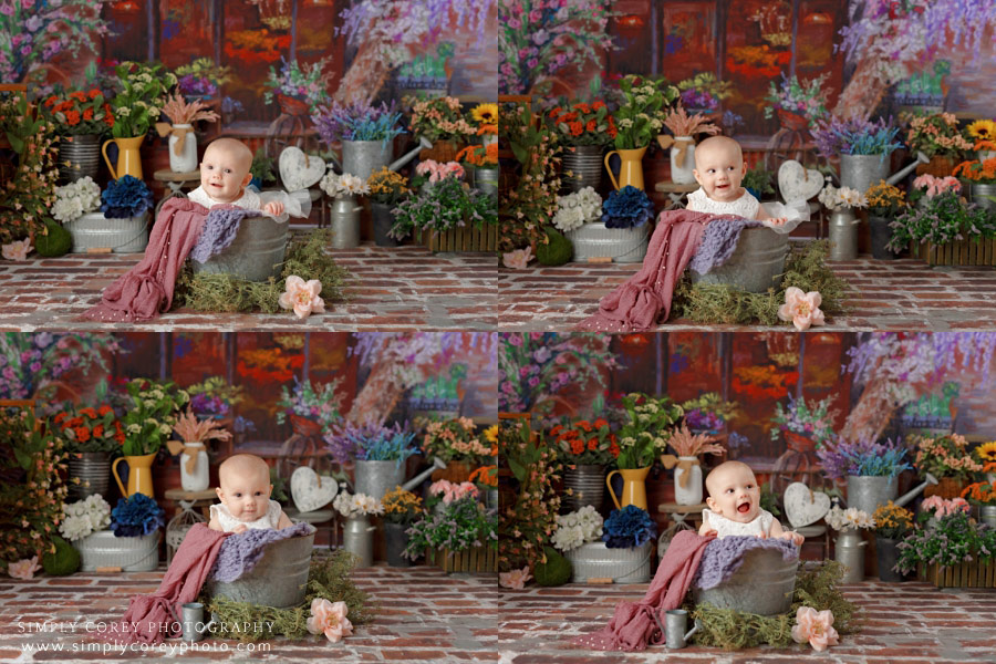 Peachtree City baby photographer, girl in bucket with flowers in studio