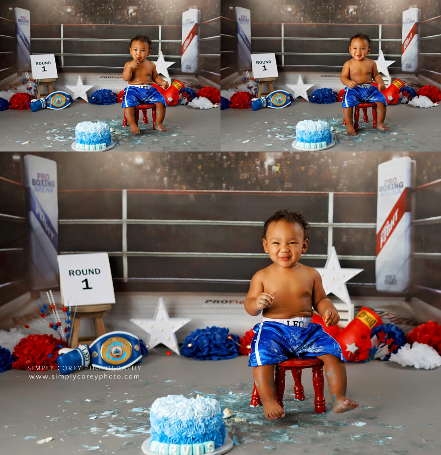 Atlanta cake smash photographer, baby smiling on boxing ring set
