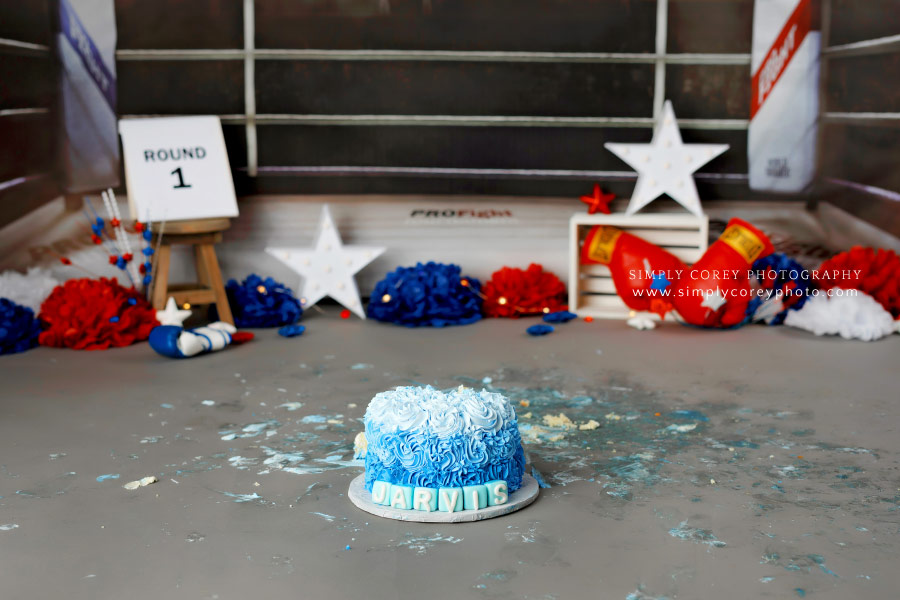 Carrollton cake smash photographer, boxing themed session for baby in studio