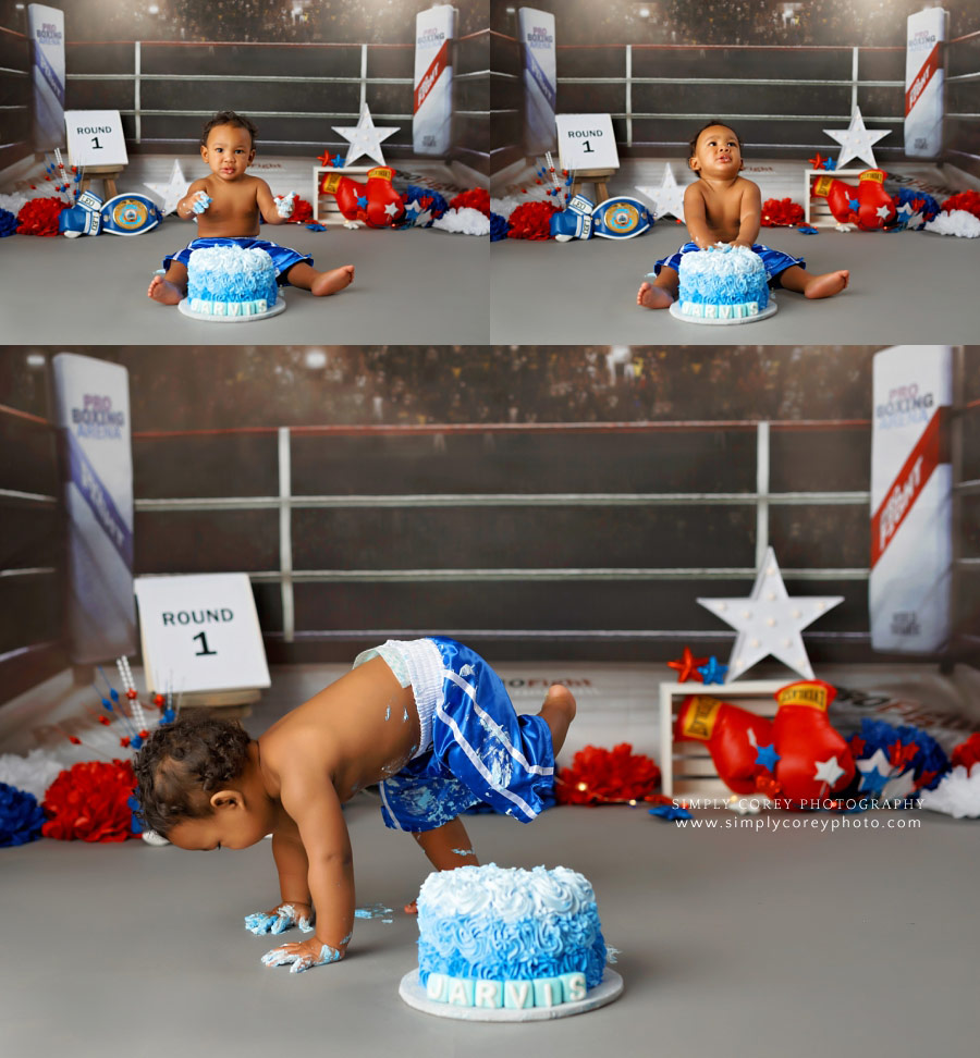 Carrollton cake smash photographer, one year old baby with boxing theme