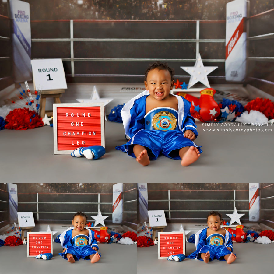 Douglasville baby photographer, one year milestone session with boxing theme