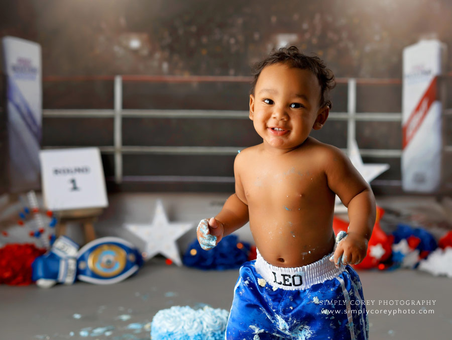 Peachtree City cake smash photographer, boxing studio theme for baby boy
