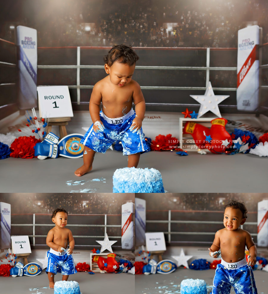 Villa Rica cake smash photographer, baby as a boxer studio session