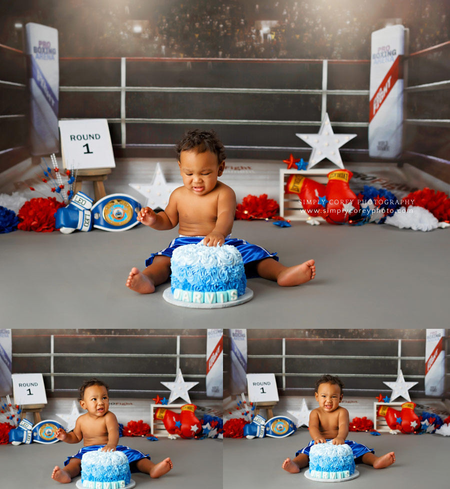 West Georgia cake smash photographer, baby boy boxing theme in studio