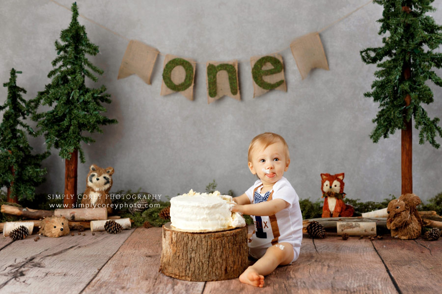 Atlanta cake smash photographer, baby boy with a woodland theme in studio