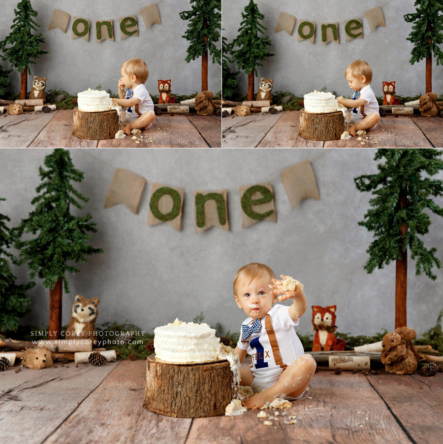 baby photographer near Newnan, cake smash session with woodland props for baby boy