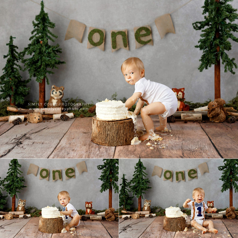 Bremen cake smash photographer, baby boy with woodland studio theme