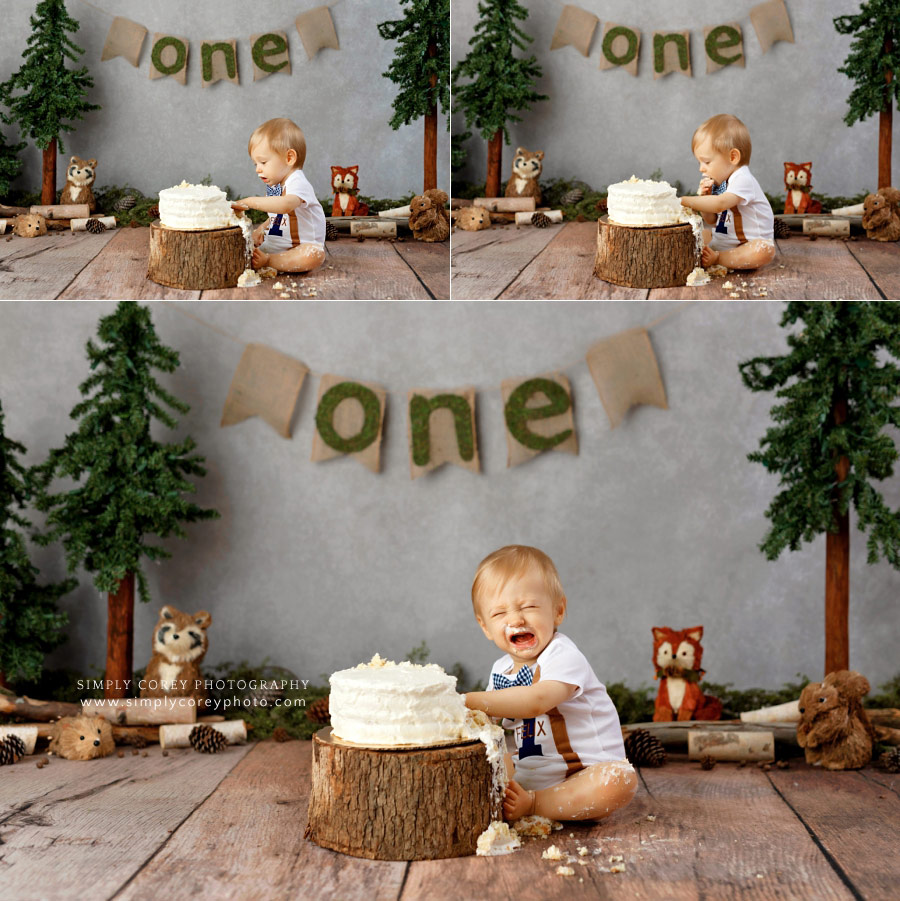 cake smash photographer near Atlanta, woodland theme in studio for baby boy