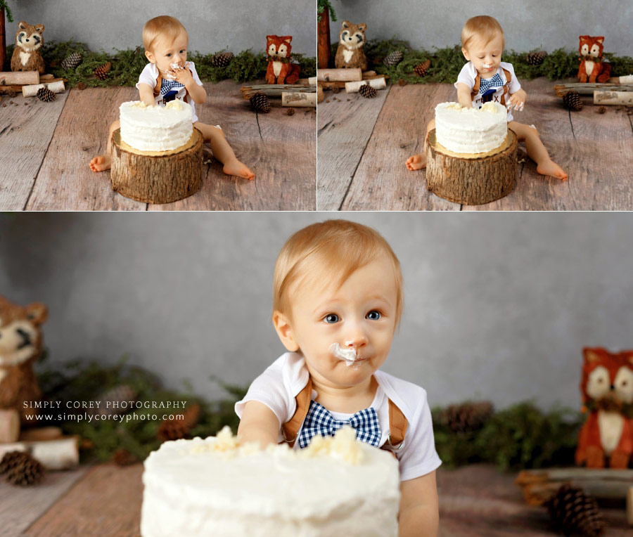Douglasville cake smash photographer, baby boy with frosting on face in studio