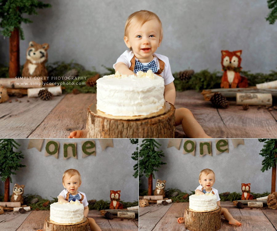 Newnan cake smash photographer, woodland theme in studio for baby boy