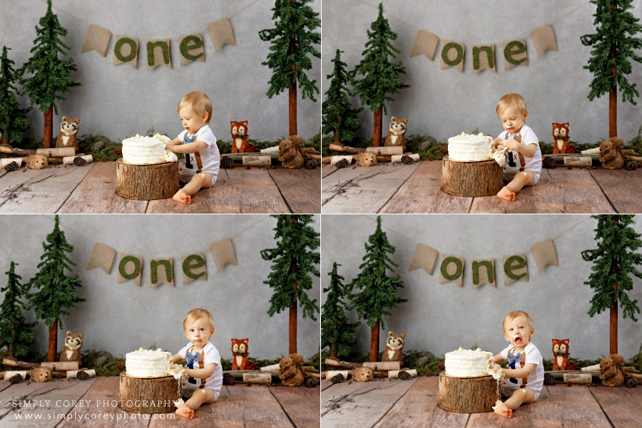 Peachtree City baby photographer, woodland cake smash for one year old baby boy