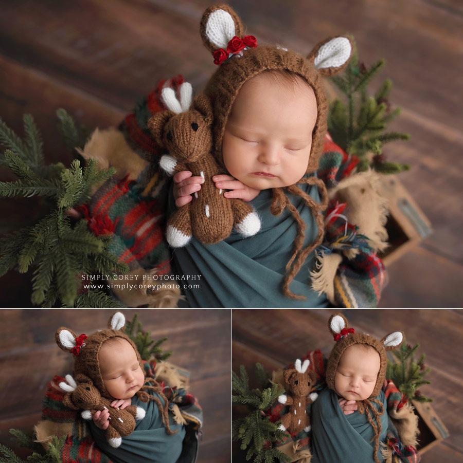 newborn photographer near Atlanta, baby sleeping in reindeer hat for Christmas