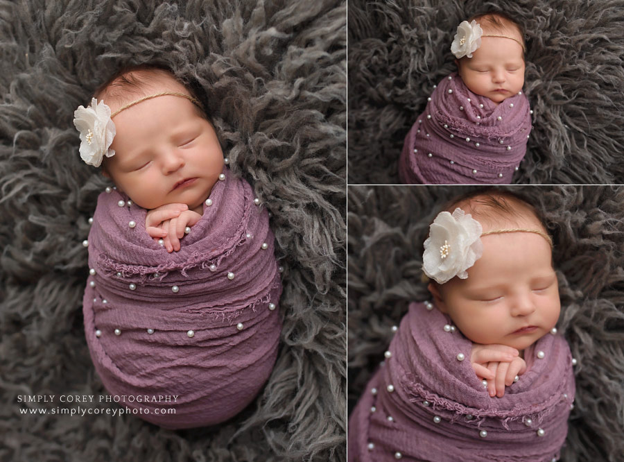 newborn photographer in West Georgia; baby girl in purple pearl wrap