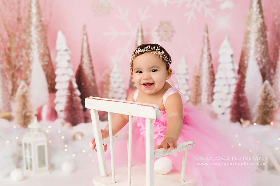 Atlanta baby photographer, pink winter wonderland one year studio session
