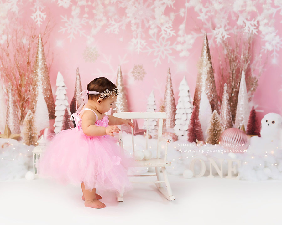 baby photographer near Carrollton, GA; pink winter wonderland studio theme