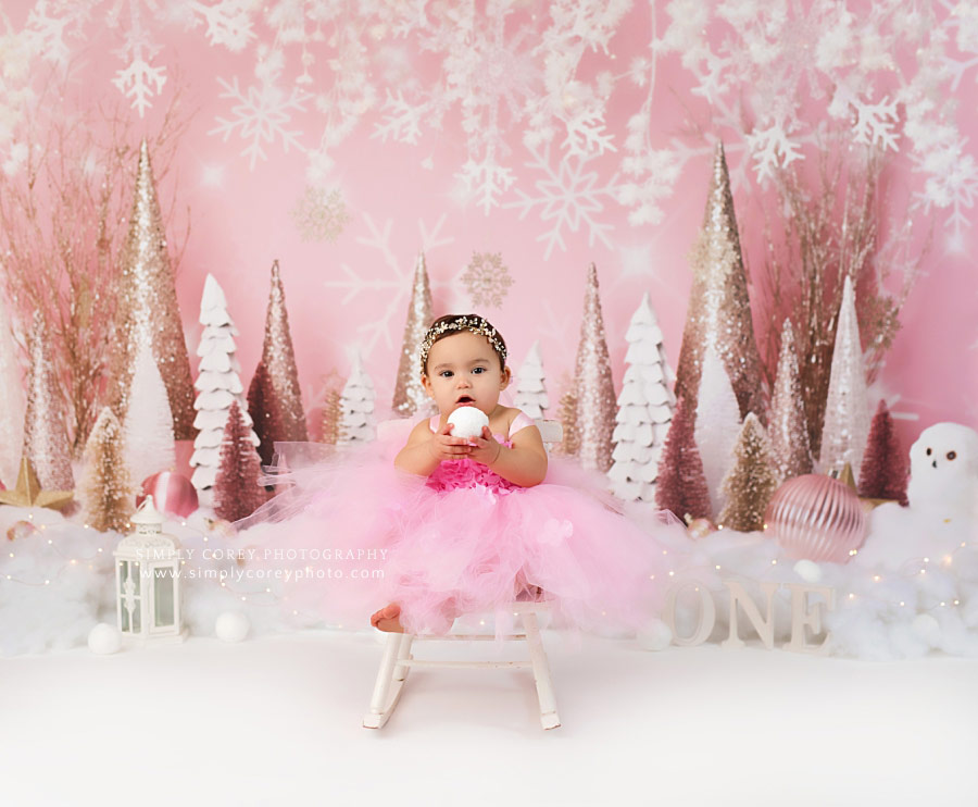 baby photographer near Peachtree City, pink one year milestone session for winter