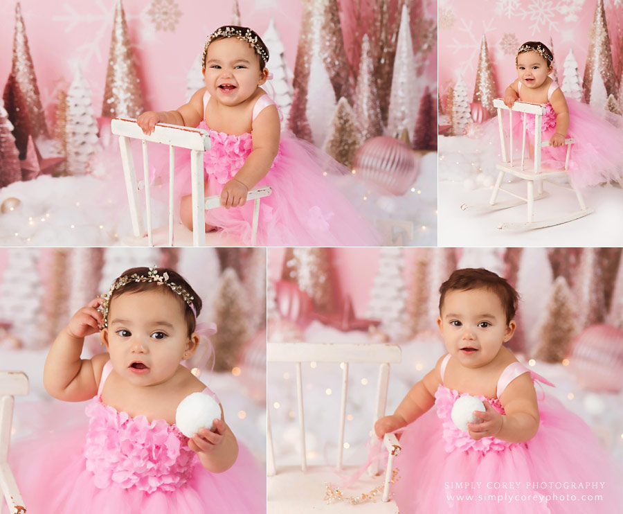 baby photographer Villa Rica, pink winter wonderland session for one year old