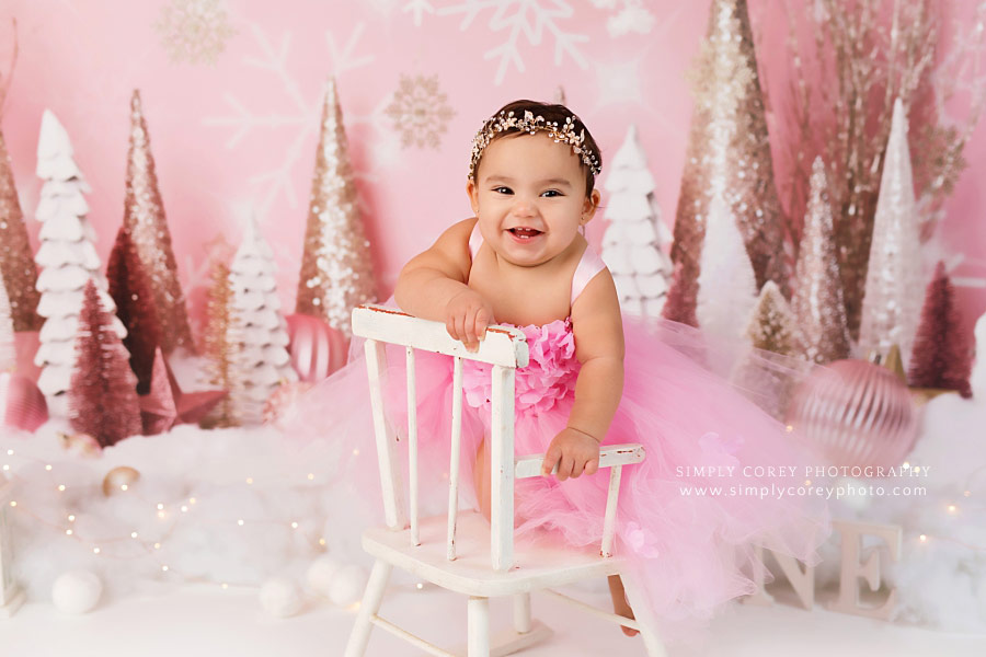 Peachtree City baby photographer, pink winter wonderland for one year old