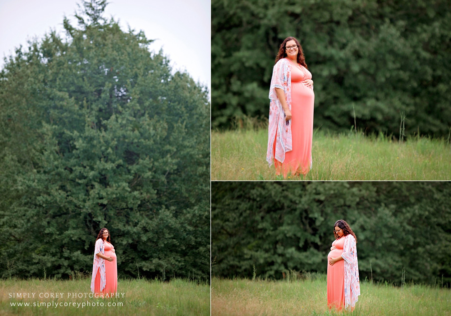 maternity photographer in West Georgia, expecting mom outside by large tree