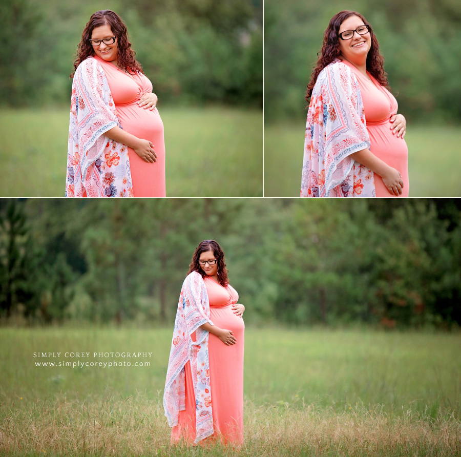 Villa Rica maternity photographer, young mom in a coral dress and a long kimono outside