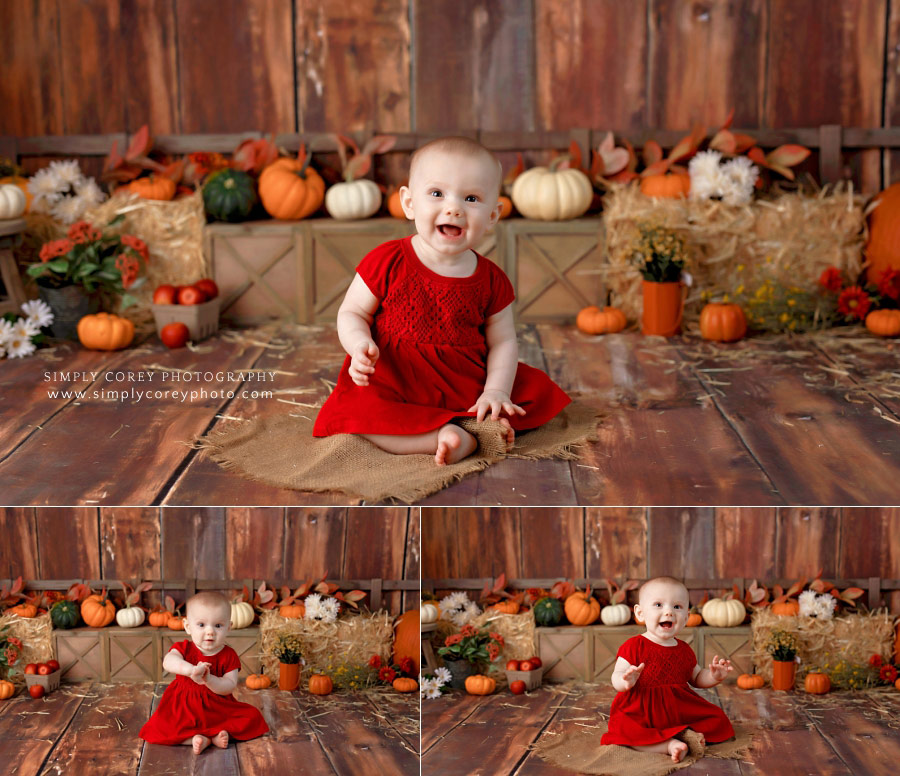 baby photographer near Dallas, Georgia; fall milestone session in studio with pumpkins