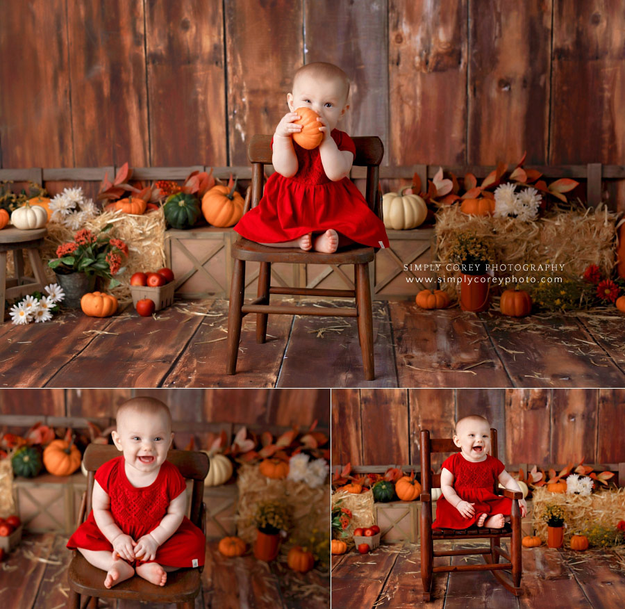 baby photographer near Newnan, fall milestone session in studio with pumpkins