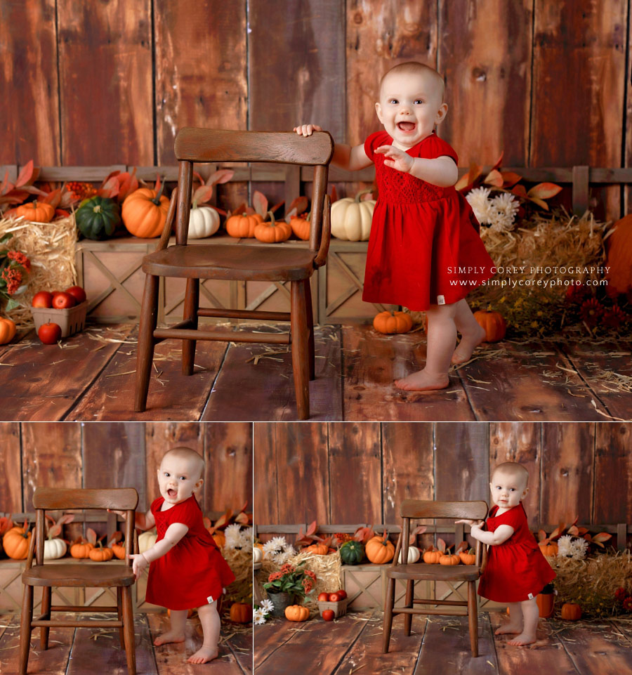Carrollton baby photographer in Georgia, girl in red dress for fall milestone session