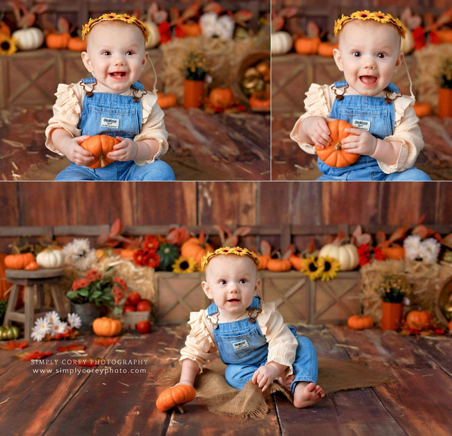 Douglasville baby photographer, fall milestone session with pumpkins