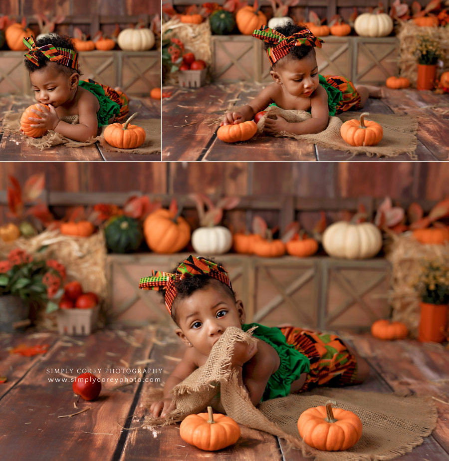 baby photographer near Austell, fall milestone session in studio with pumpkins